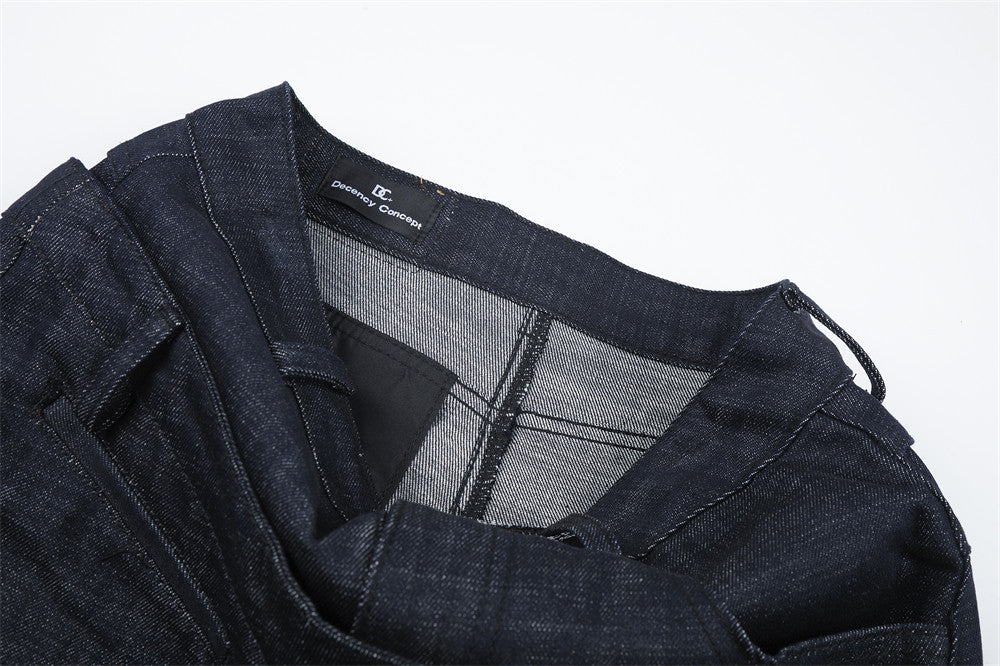 Wide-Leg Jeans with Irregular Spliced Waistband and Double Pleats
