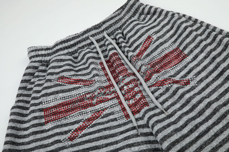 Wide-Leg Striped Sweatpants with Union Jack Rhinestone Detail
