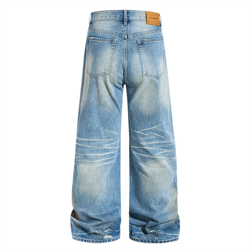 Wide Leg Baggy Jeans – Men's Vintage Washed Light Blue Straight Fit Denim