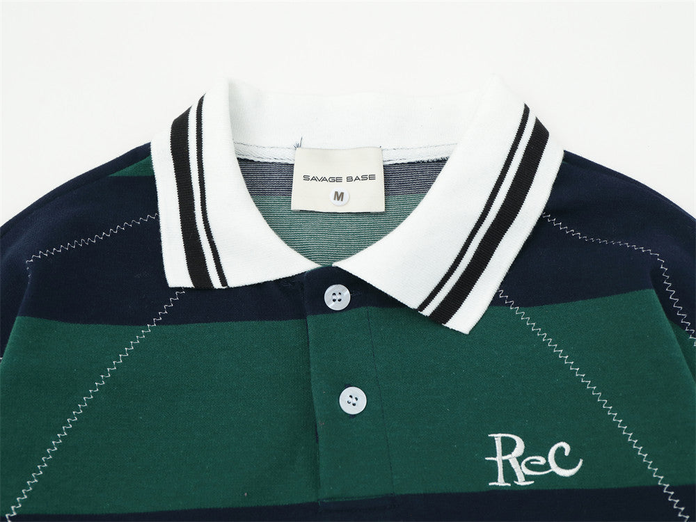 Men's Striped Long Sleeve Rugby Polo Shirt with Embroidered Logo