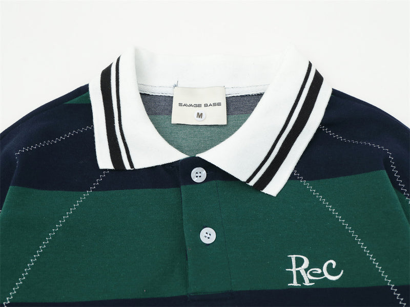 Men's Striped Long Sleeve Rugby Polo Shirt with Embroidered Logo