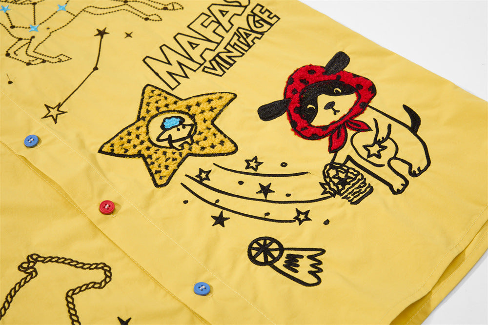 Cartoon Embroidered Short Sleeve Shirt – Oversized Streetwear Button-Up
