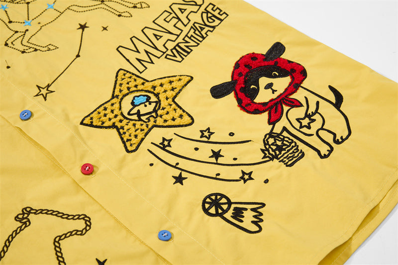 Cartoon Embroidered Short Sleeve Shirt – Oversized Streetwear Button-Up