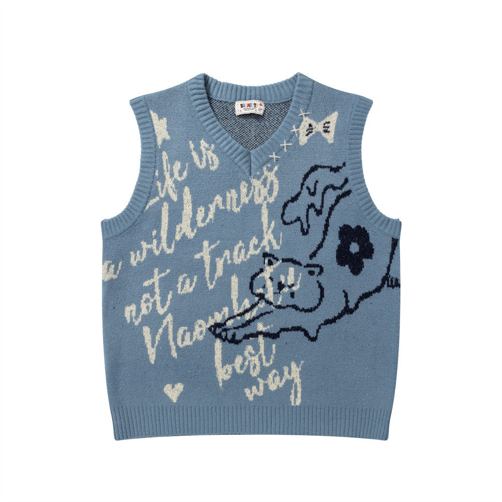 Pull col V homme en maille jacquard cartoon – Gilet oversize sans manches