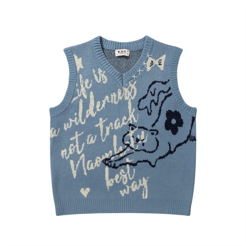 Pull col V homme en maille jacquard cartoon – Gilet oversize sans manches