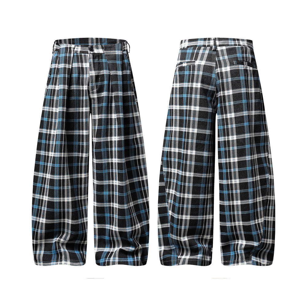 Men's black and blue plaid wide-leg trousers with double front pleats and oversized baggy fit