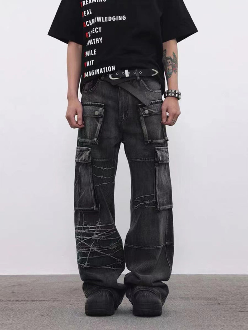 Baggy wide-leg cargo jeans with barbed wire embroidery and multi-pocket design in washed black denim