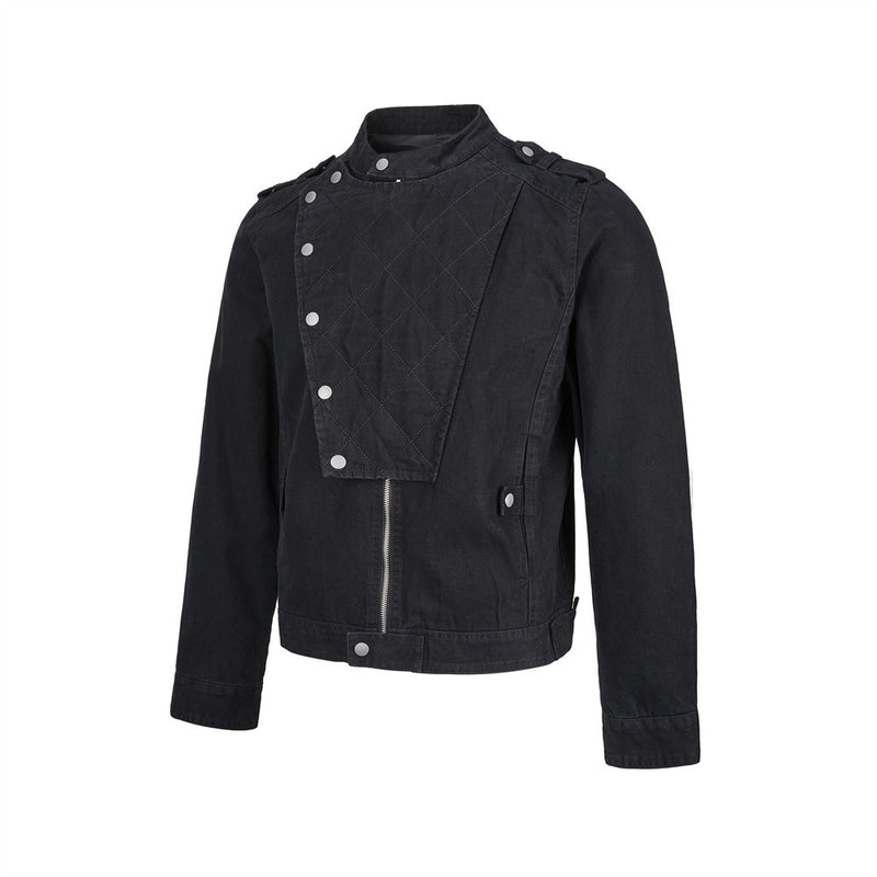 Men's Quilted Panel Moto Biker Jacket – Stand Collar, Asymmetric Snap Closure