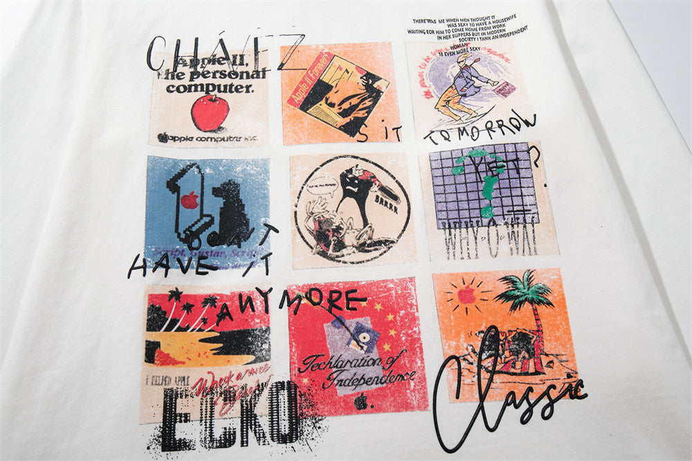T-shirt graphique homme à manches longues – Imprimé collage en neuf panneaux, col rond décontracté