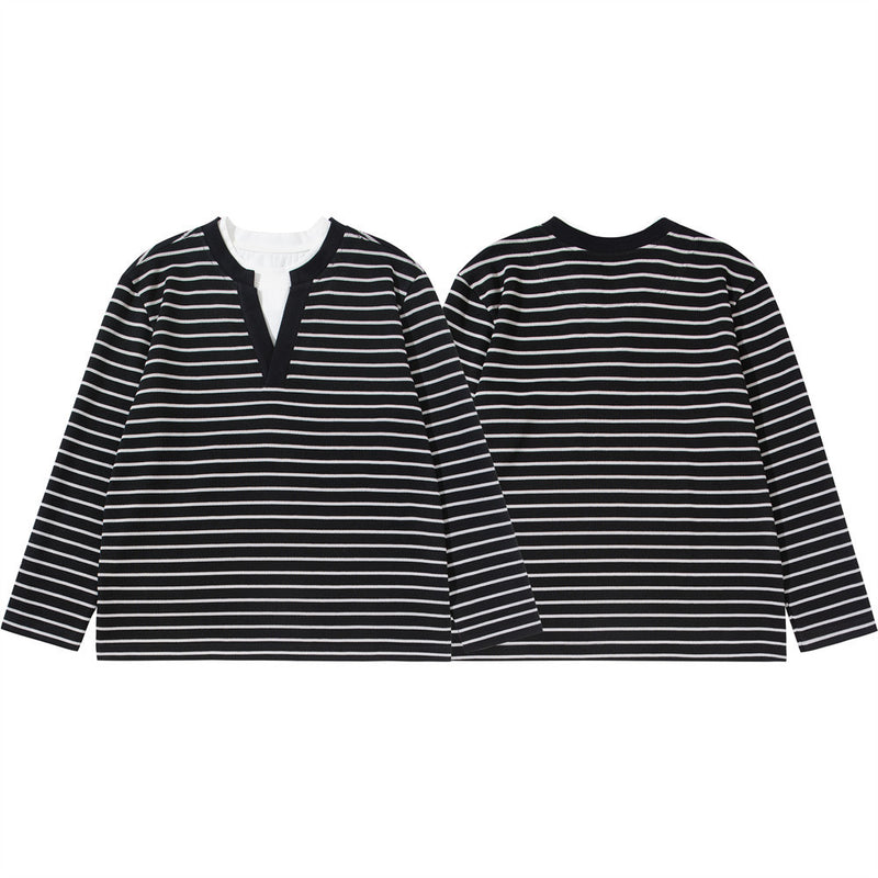 Striped V-Neck Long Sleeve Shirt – Men's Relaxed Fit Faux-Layered Top