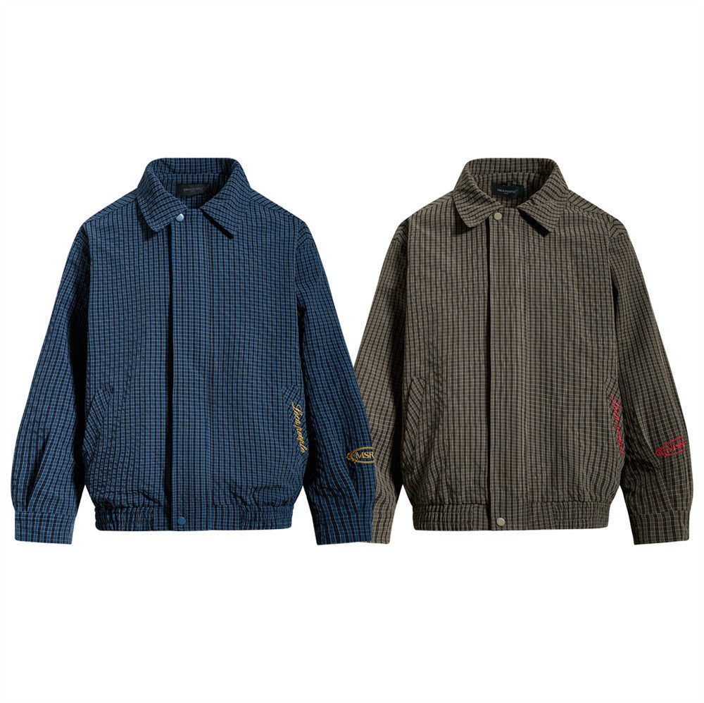 Oversized mens plaid harrington jacket in navy blue and brown with sleeve embroidery and snap button placket