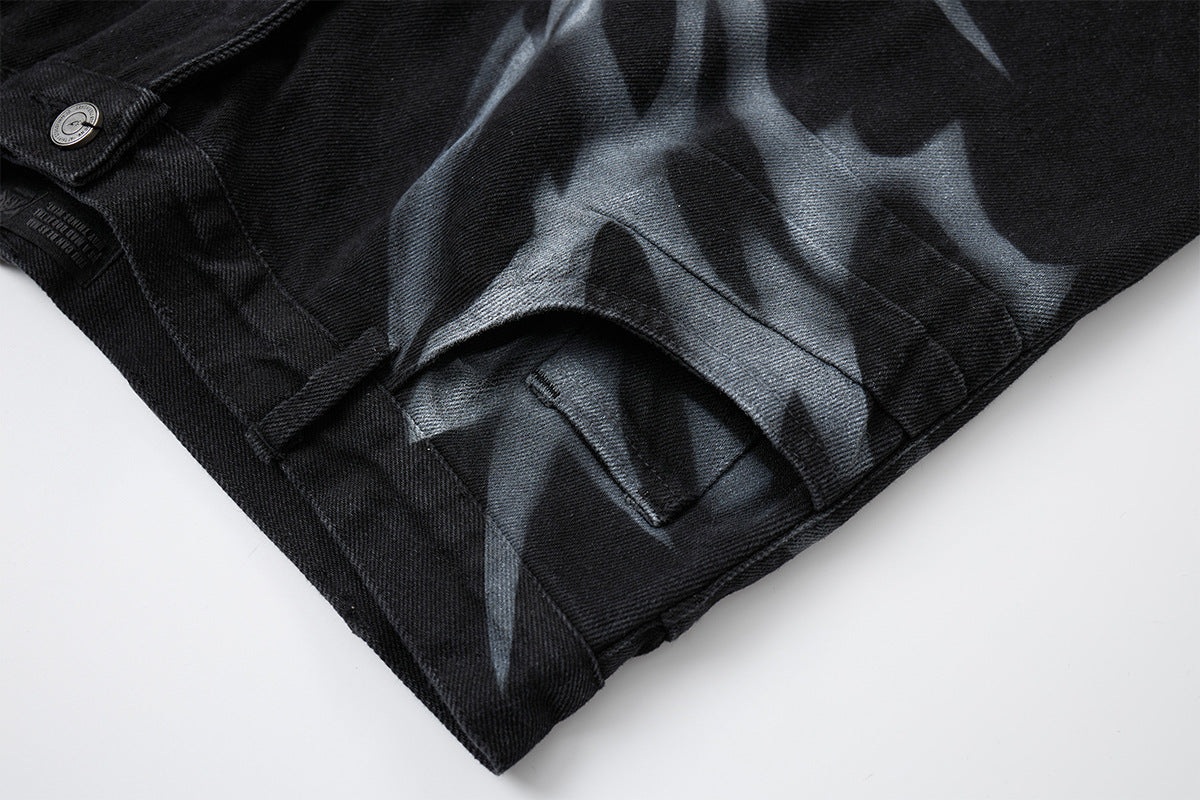 Black Low Rise Baggy Jeans with Tribal Spray-Paint Graphic Wide Leg