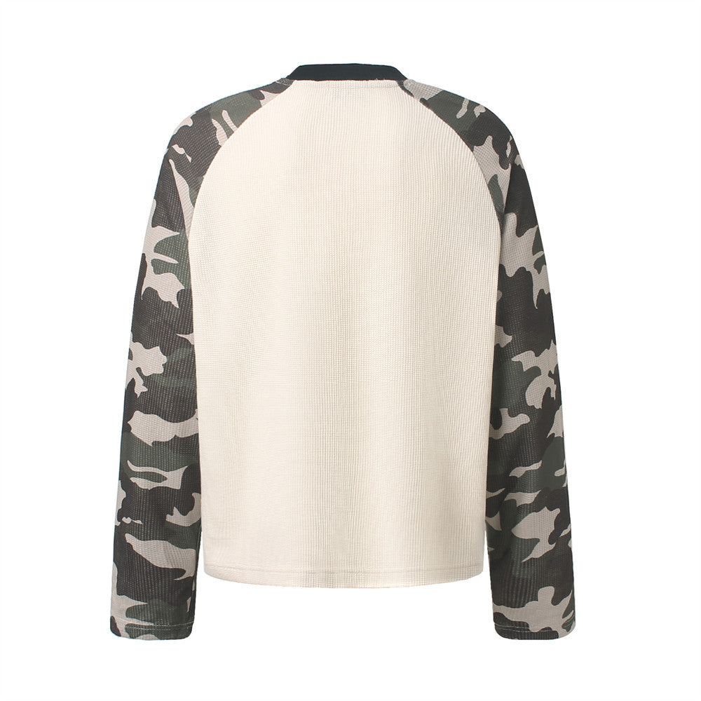 Long Sleeve Waffle Knit Shirt – Camo Raglan Sleeves & Graphic Print
