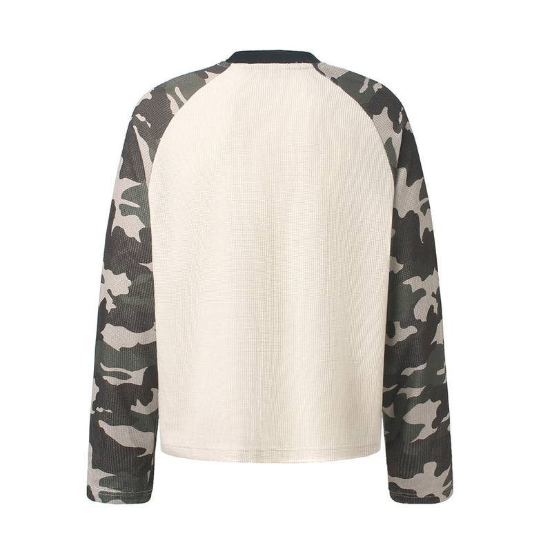 Long Sleeve Waffle Knit Shirt – Camo Raglan Sleeves & Graphic Print