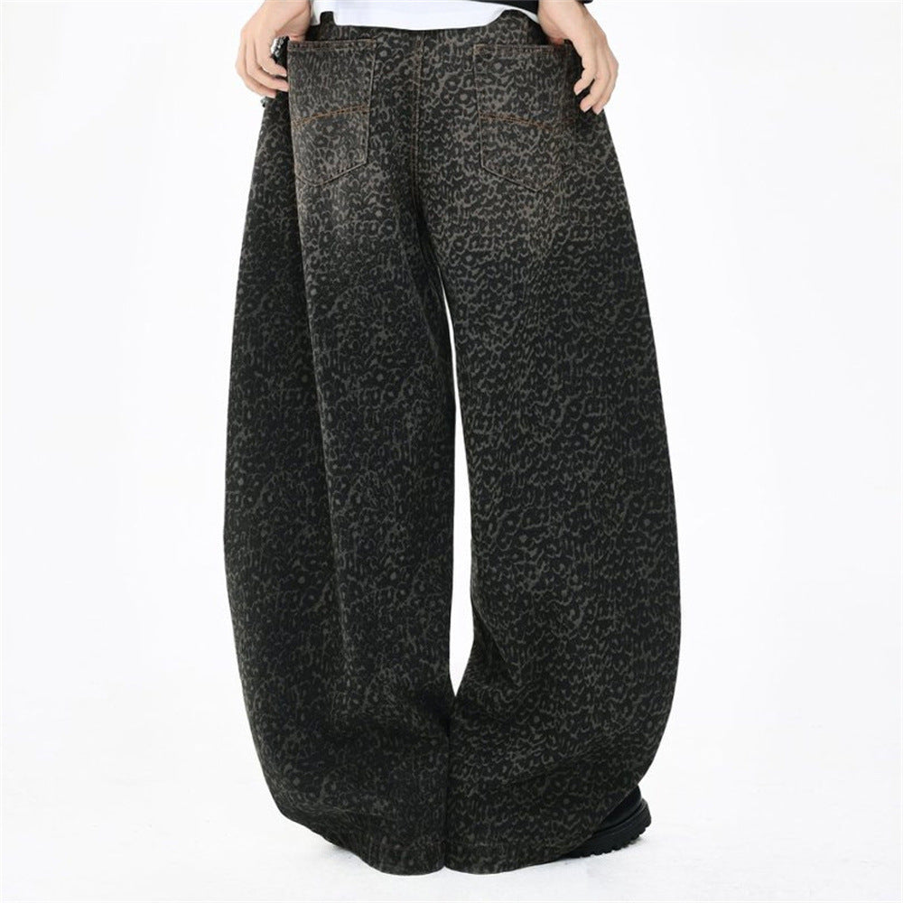 Leopard Print Wide-Leg Baggy Jeans – Oversized Curved Denim Pants