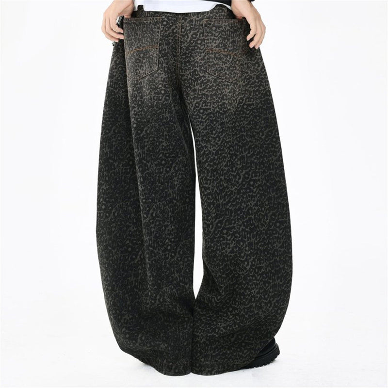 Leopard Print Wide-Leg Baggy Jeans – Oversized Curved Denim Pants