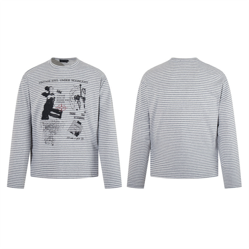 Striped Long-Sleeve Graphic T-Shirt – Vintage Soul Under Moonlight Print
