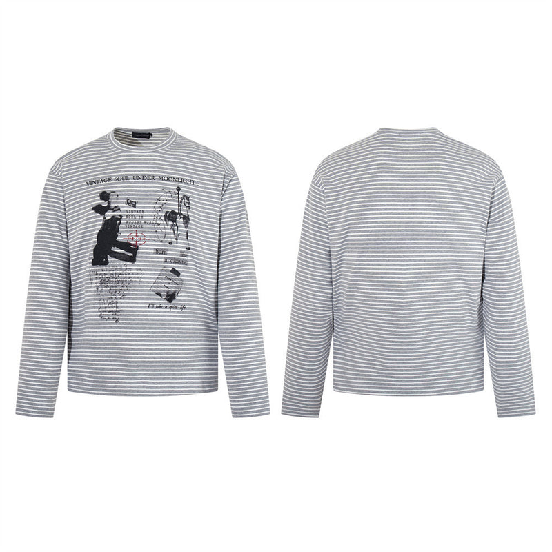 Striped Long-Sleeve Graphic T-Shirt – Vintage Soul Under Moonlight Print