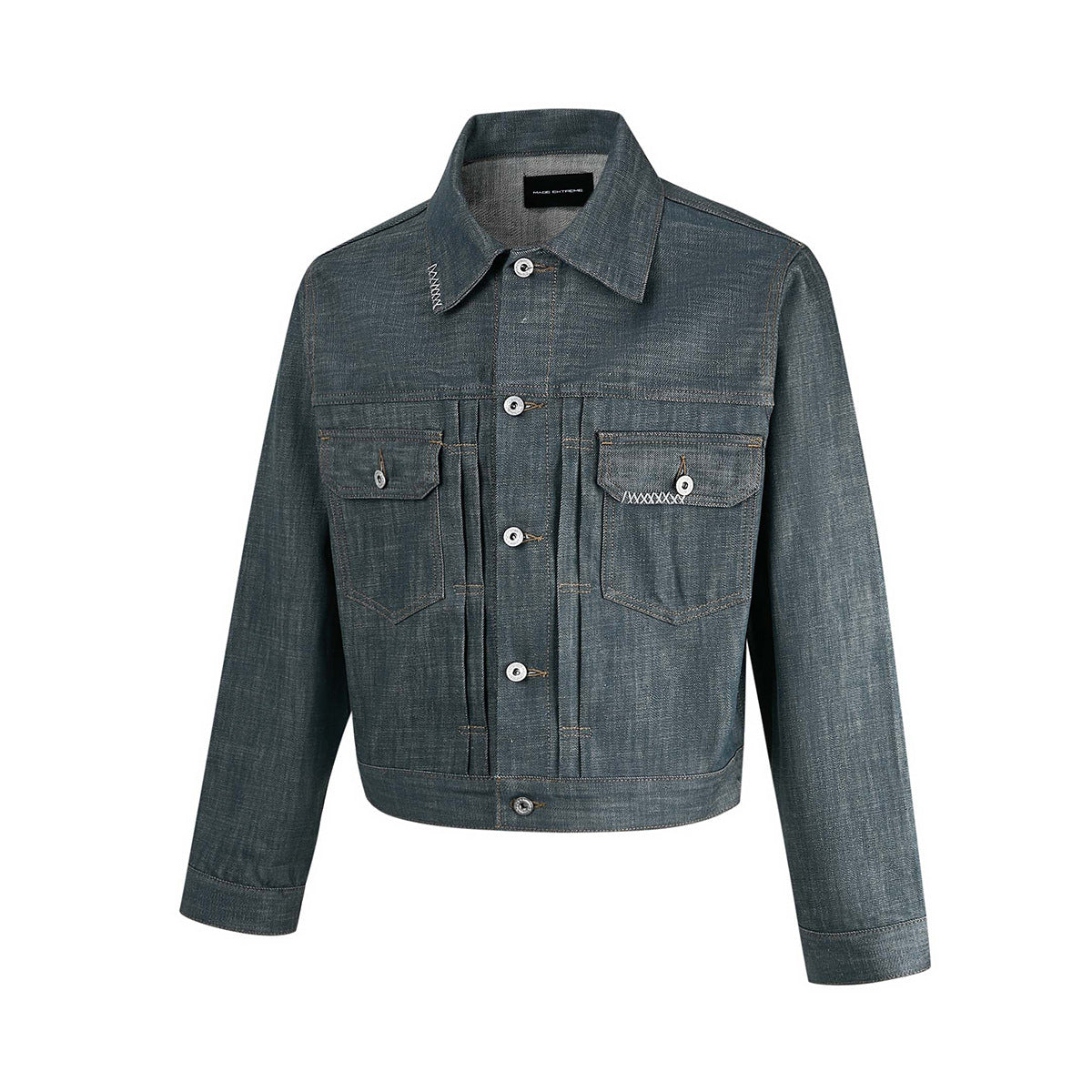 Veste boxy en jean délavé – Plis poitrine, col italien, coupe workwear raccourcie
