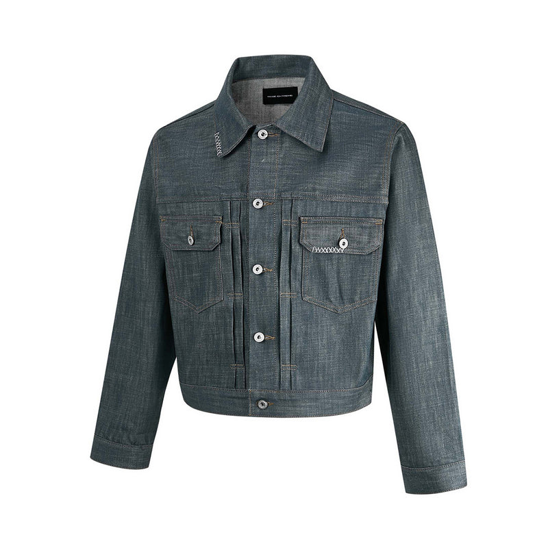 Veste boxy en jean délavé – Plis poitrine, col italien, coupe workwear raccourcie