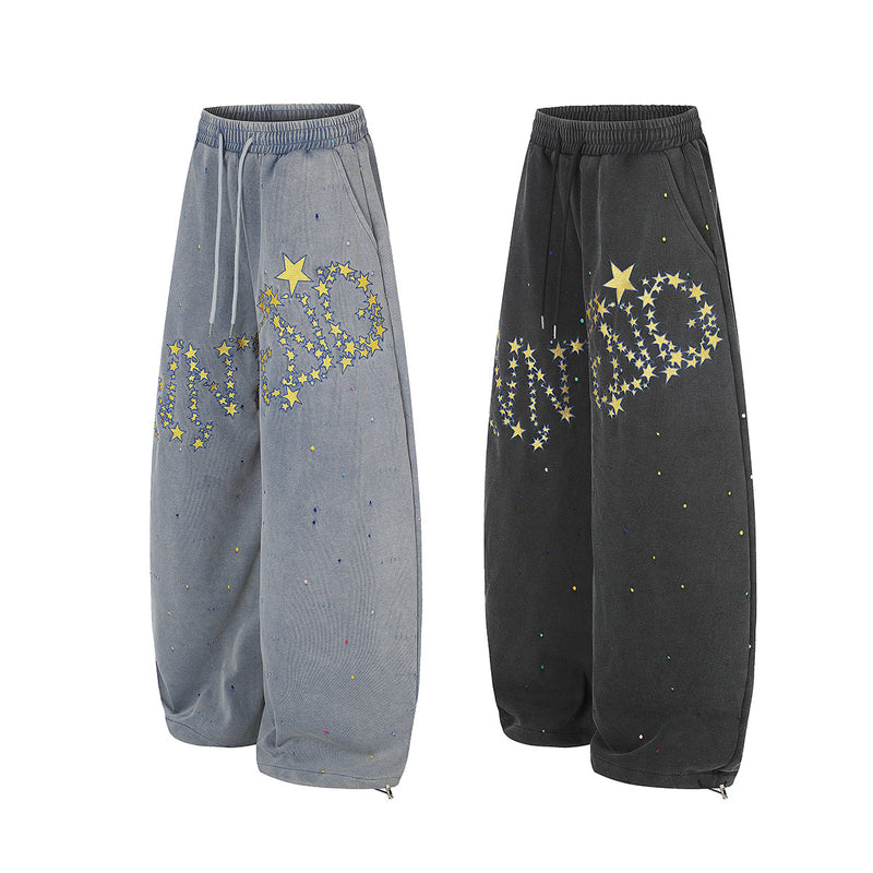 Pantalon de survêtement baggy à jambes larges, imprimé constellation d’étoiles, délavé
