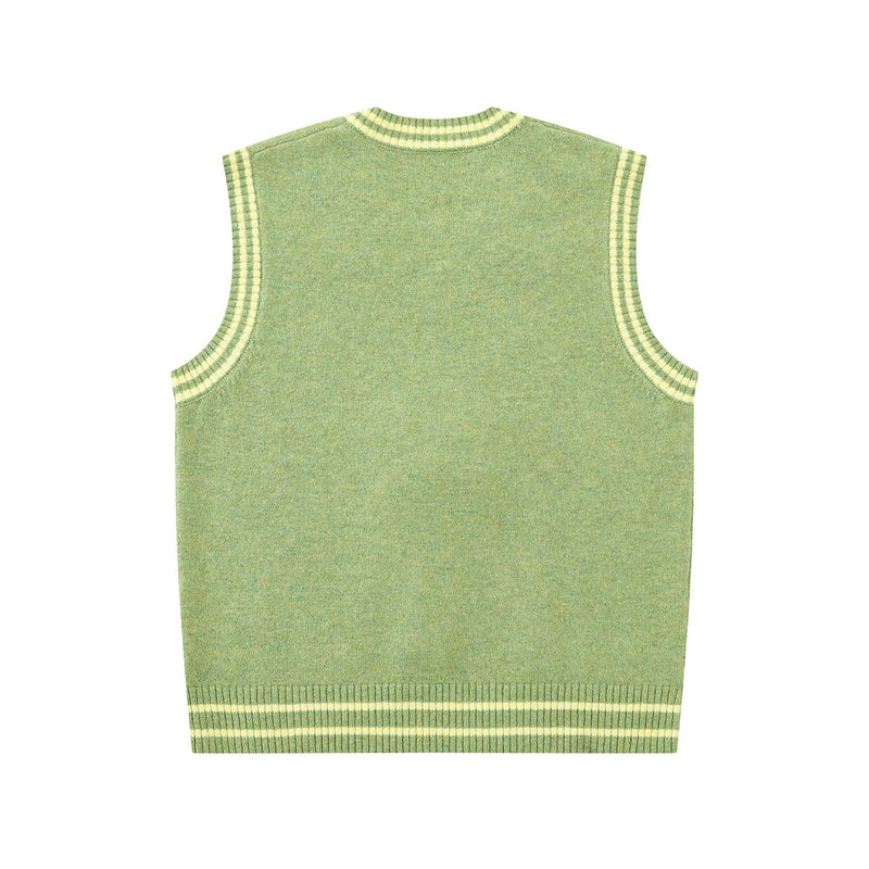 Cartoon Dog Knit Sweater Vest V-Neck Collegiate Stripe Sleeveless Pullover