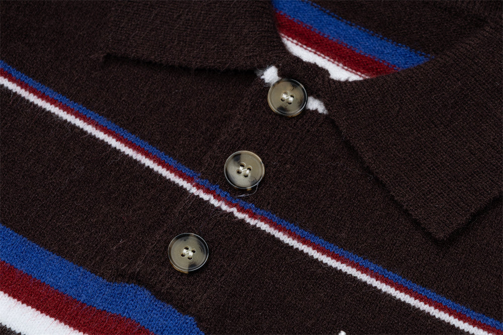 Men's Striped Polo Collar Knit Sweater – Relaxed Fit Long Sleeve