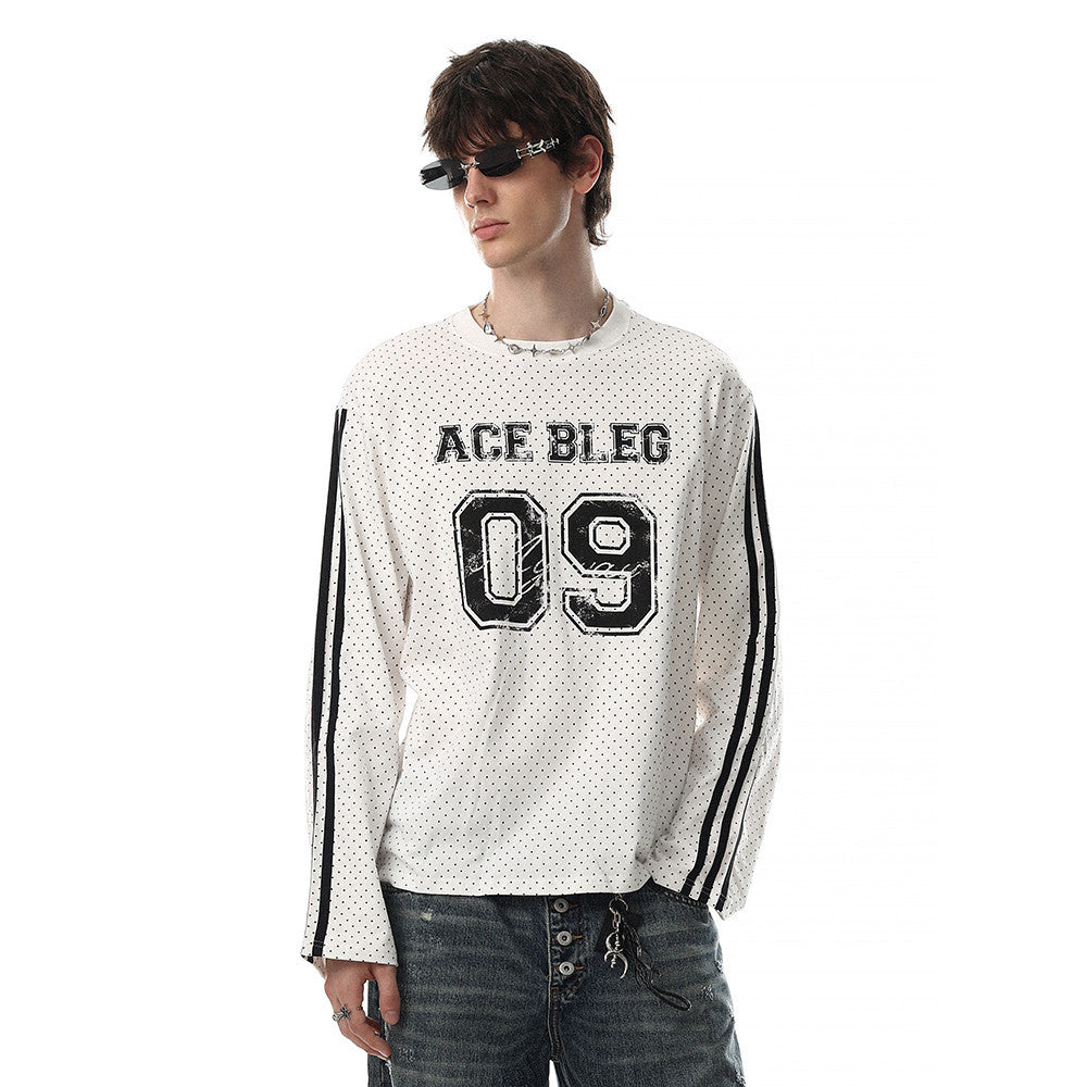 Men's relaxed-fit long-sleeve tee with ACE BLEG 09 varsity graphic, polka-dot fabric, and contrast stripe sleeves in white, n