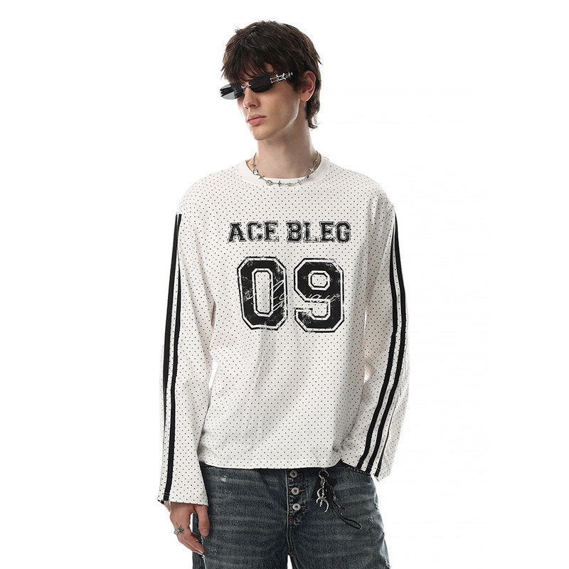 Men's relaxed-fit long-sleeve tee with ACE BLEG 09 varsity graphic, polka-dot fabric, and contrast stripe sleeves in white, n