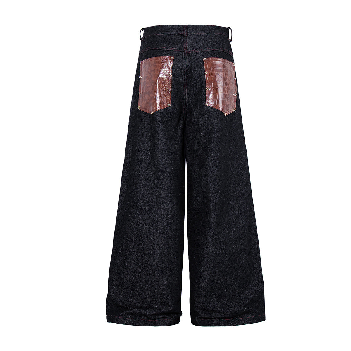 Baggy Wide-Leg Jeans with Croc-Leather Patchwork & Studded Detail — Black Denim