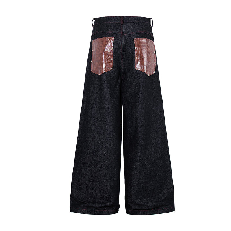 Baggy Wide-Leg Jeans with Croc-Leather Patchwork & Studded Detail — Black Denim