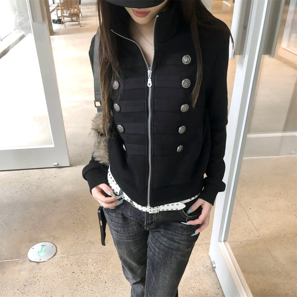 Men's Zip-Up Jacket Military Double-Breasted Stand Collar Short Bomber