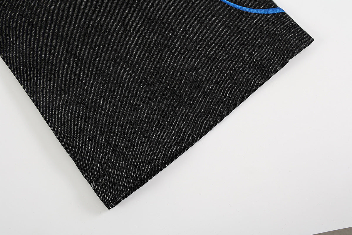 Wide Leg Jeans with Star Embroidery & Diagonal Waistband — Black Raw Denim