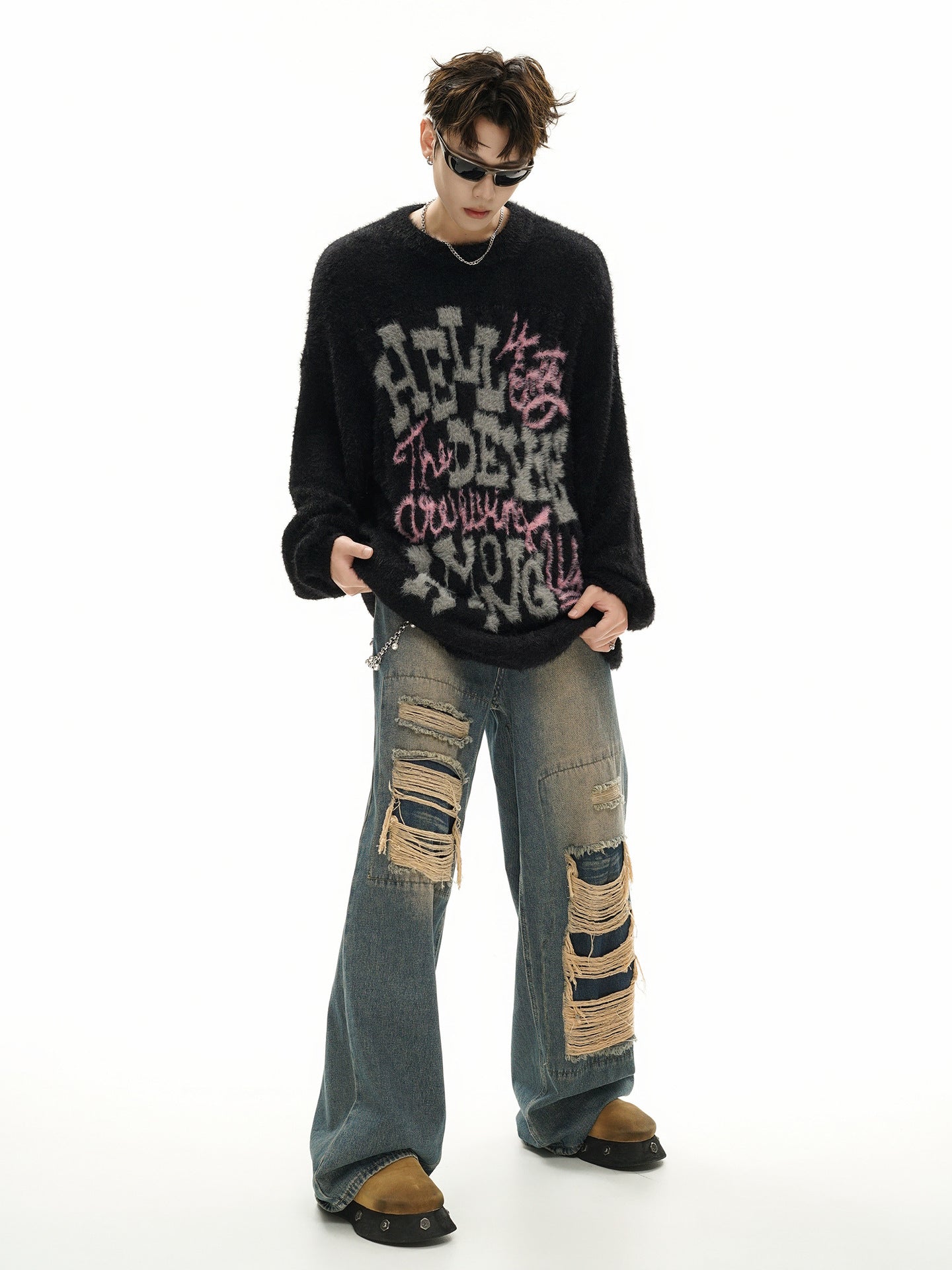 Pull oversize en maille jacquard à lettrage – Hell Is Empty, motif graffiti