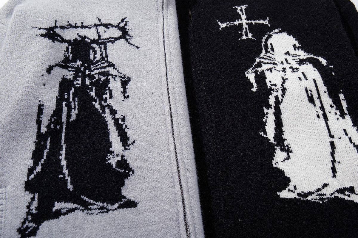 Dark Cross Knit Zip-Up Cardigan Sweater with Distressed Hem