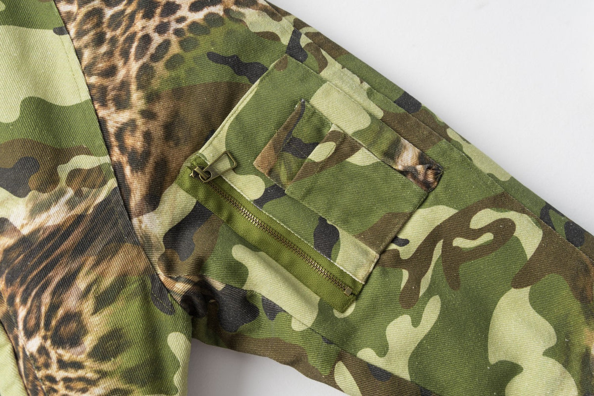 Camo Leopard Print Bomber Jacket with Faux Fur Hood
