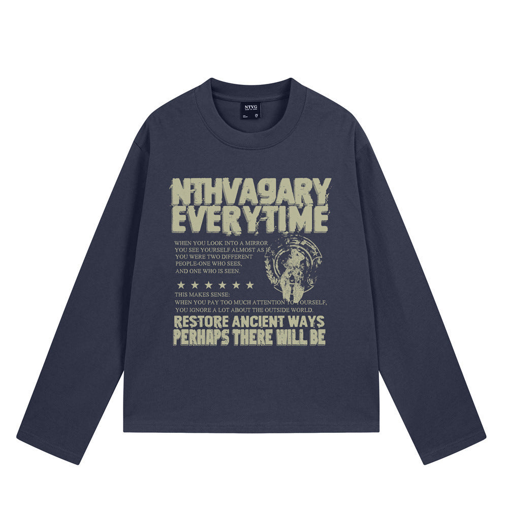 Oversized long sleeve graphic tee with NTHVAGARY Everytime distressed print in navy blue and camel streetwear style