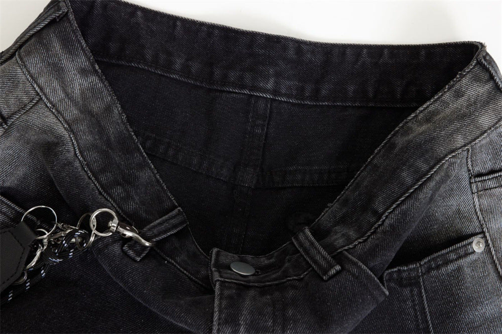 Wide-Leg Gradient Washed Jeans – Deconstructed Curved Seam Baggy Denim