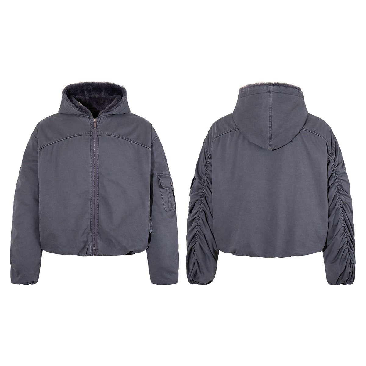 Hooded Puffer Jacket with Faux Fur Lining & Ruched Sleeves – Washed Grey