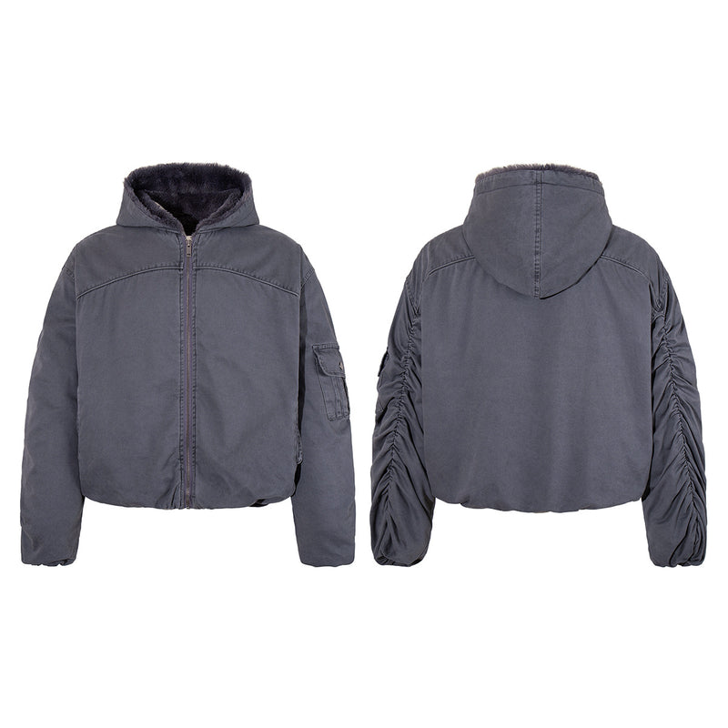Hooded Puffer Jacket with Faux Fur Lining & Ruched Sleeves – Washed Grey