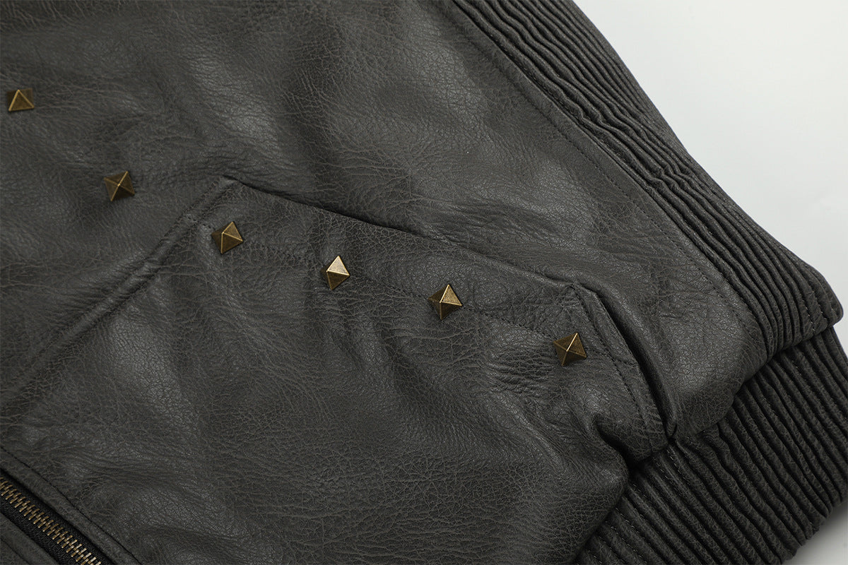 Leather Jacket Fur Collar Studded Hooded Bomber Jacket with Fleece Lining