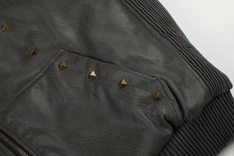 Leather Jacket Fur Collar Studded Hooded Bomber Jacket with Fleece Lining