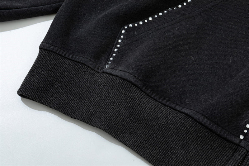 Hoodie zippé avec bordure en strass et double zip — Streetwear délavé