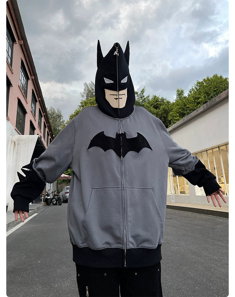 Von Batman inspirierter Hoodie – Übergroßes Superhelden-Sweatshirt in Grau und Schwarz mit Reißverschluss, 400 g/m²