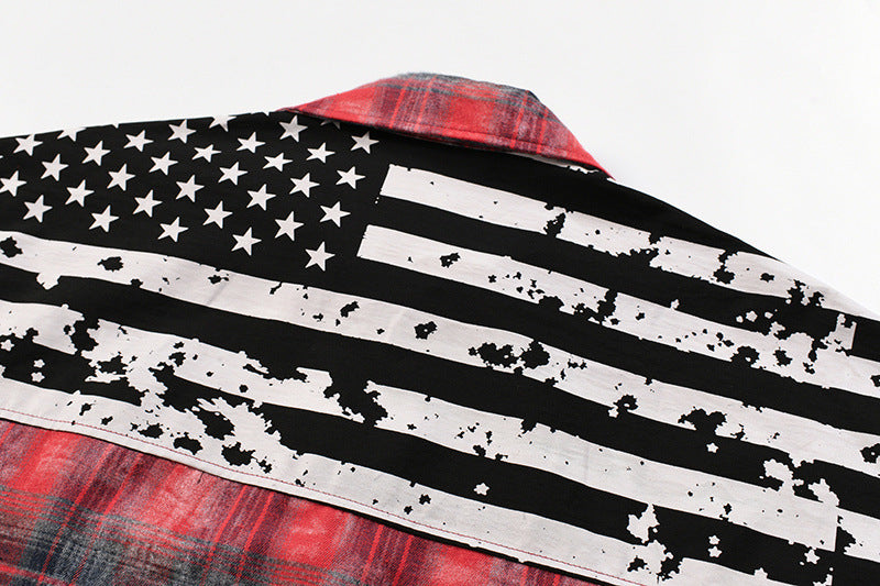 Washed Plaid Long Sleeve Shirt with American Flag Patchwork – Oversized