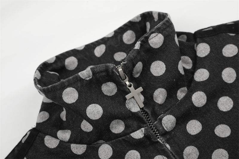 Men's Polka Dot Denim Track Jacket – Stand Collar Full-Zip Retro Streetwear