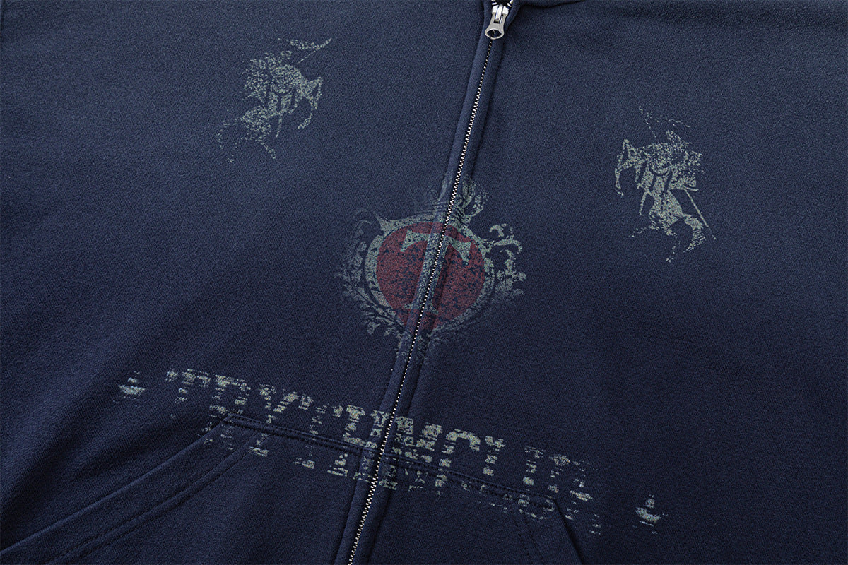 Sweat à capuche zippé avec motif chevalier vintage – Streetwear oversize délavé
