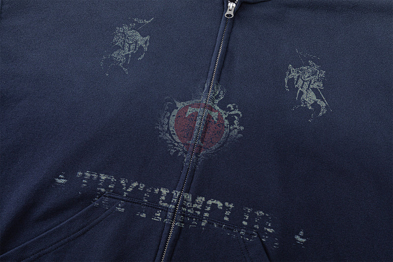 Sweat à capuche zippé avec motif chevalier vintage – Streetwear oversize délavé