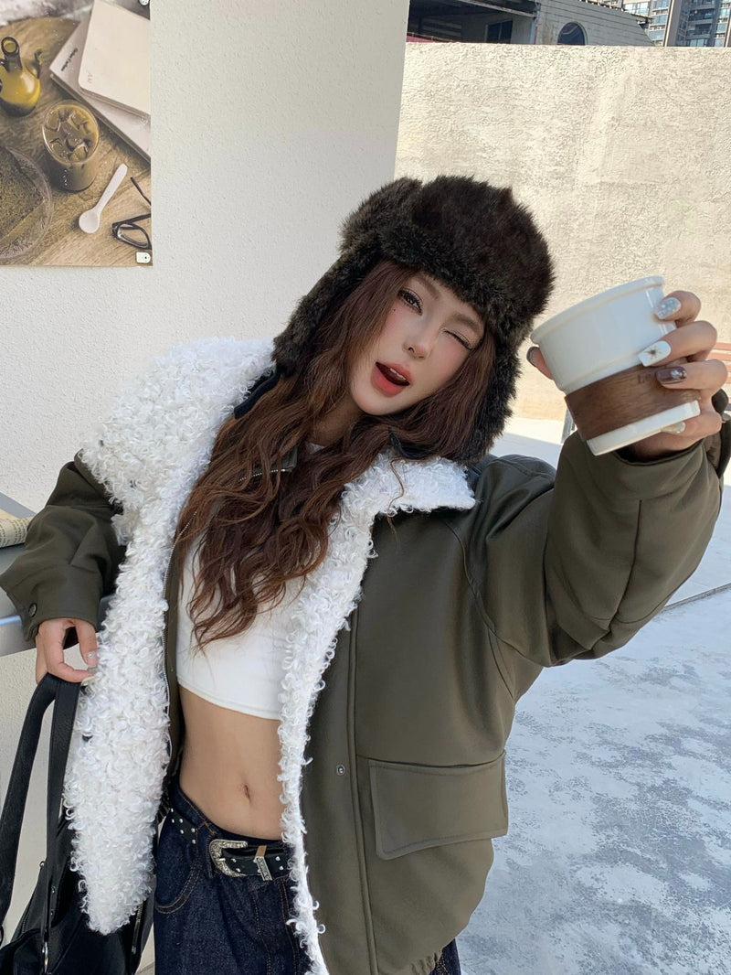 Veste en simili cuir et fourrure, bomber oversize à col sherpa