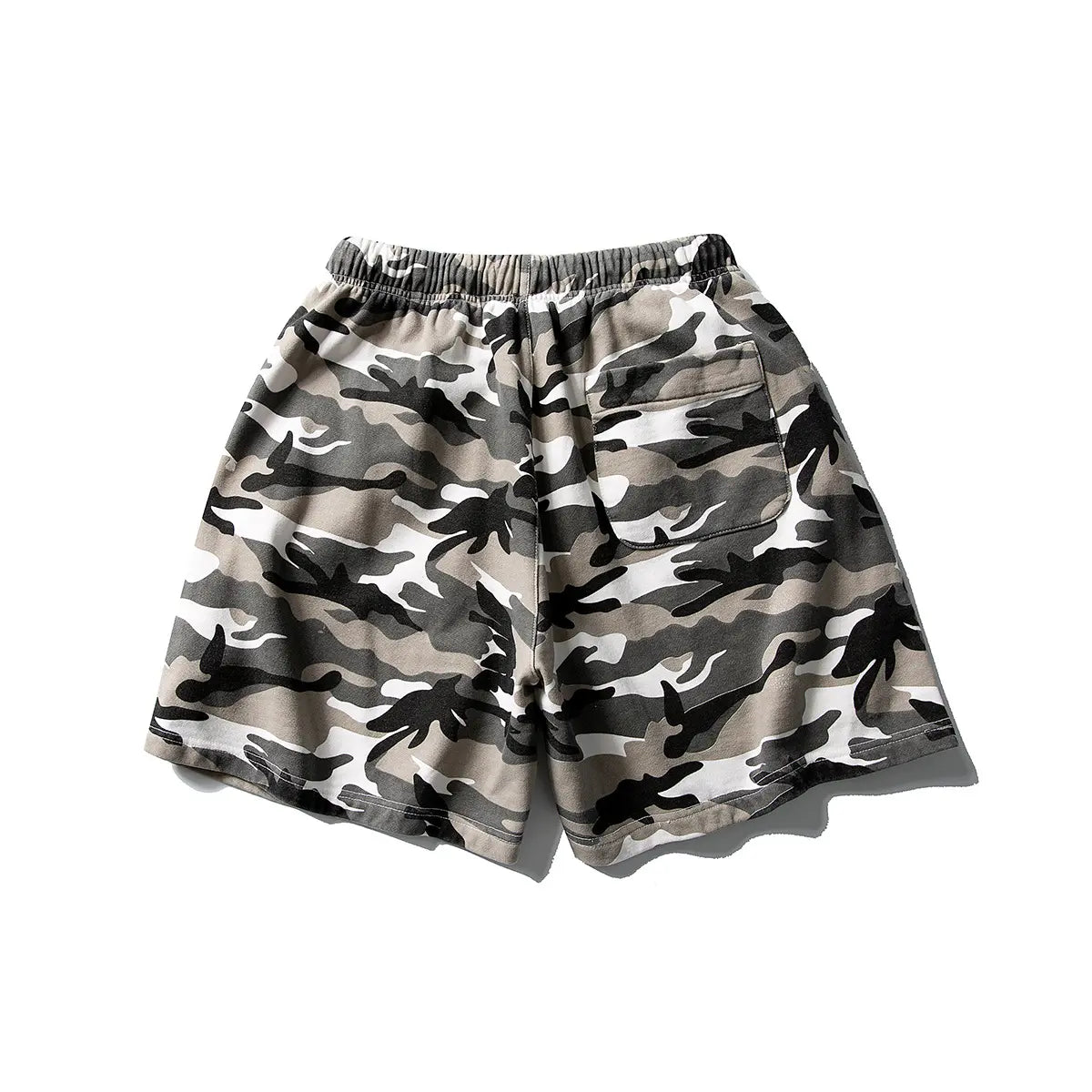 Men's Urban Camo Cotton Drawstring Shorts in gray camouflage, featuring a relaxed fit and elastic waistband, ideal for streetwear style. Displayed on a white background.